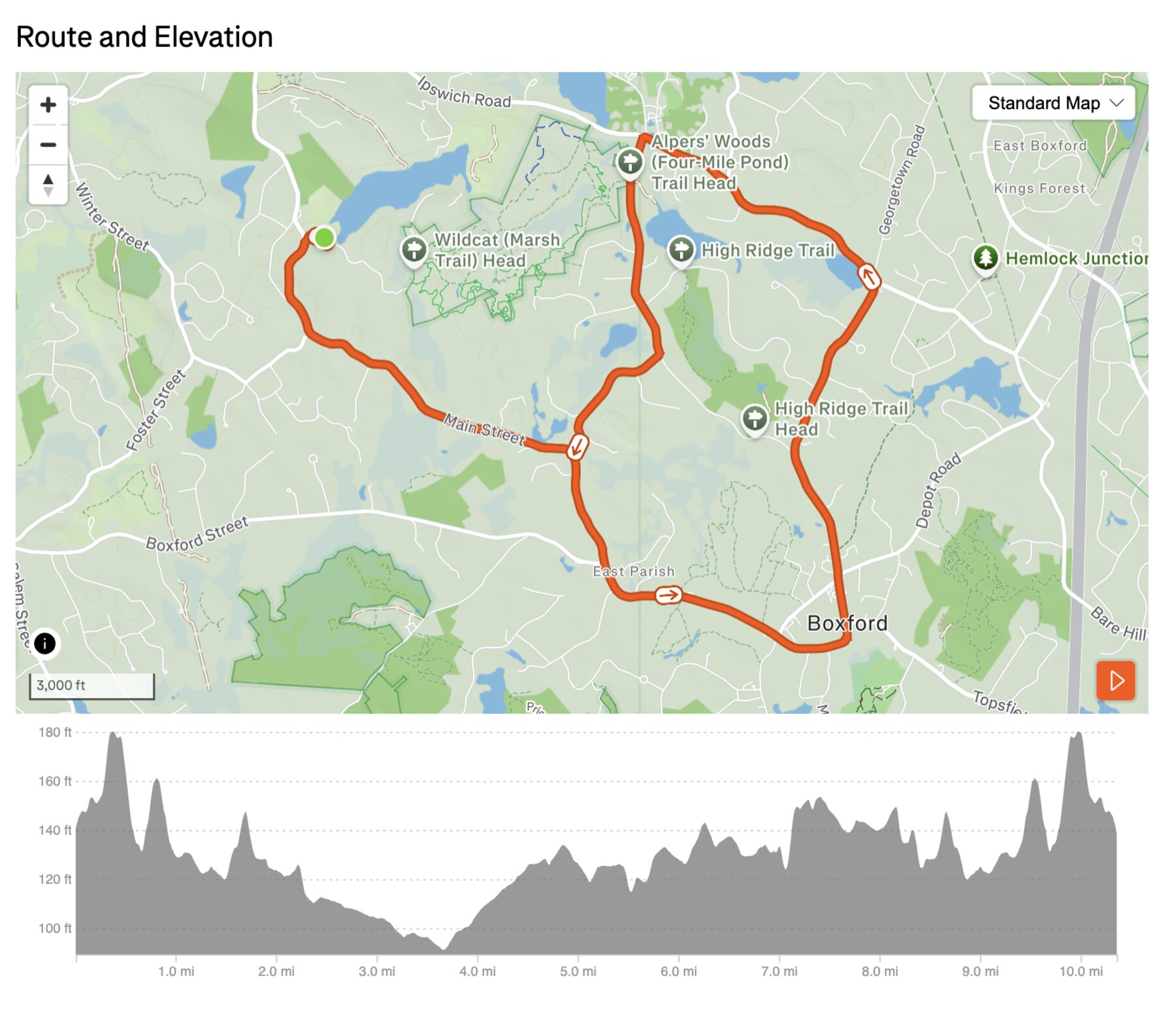 Call to Honor Triathlon bike course route and elevation profile, 10 mile Boxford loop