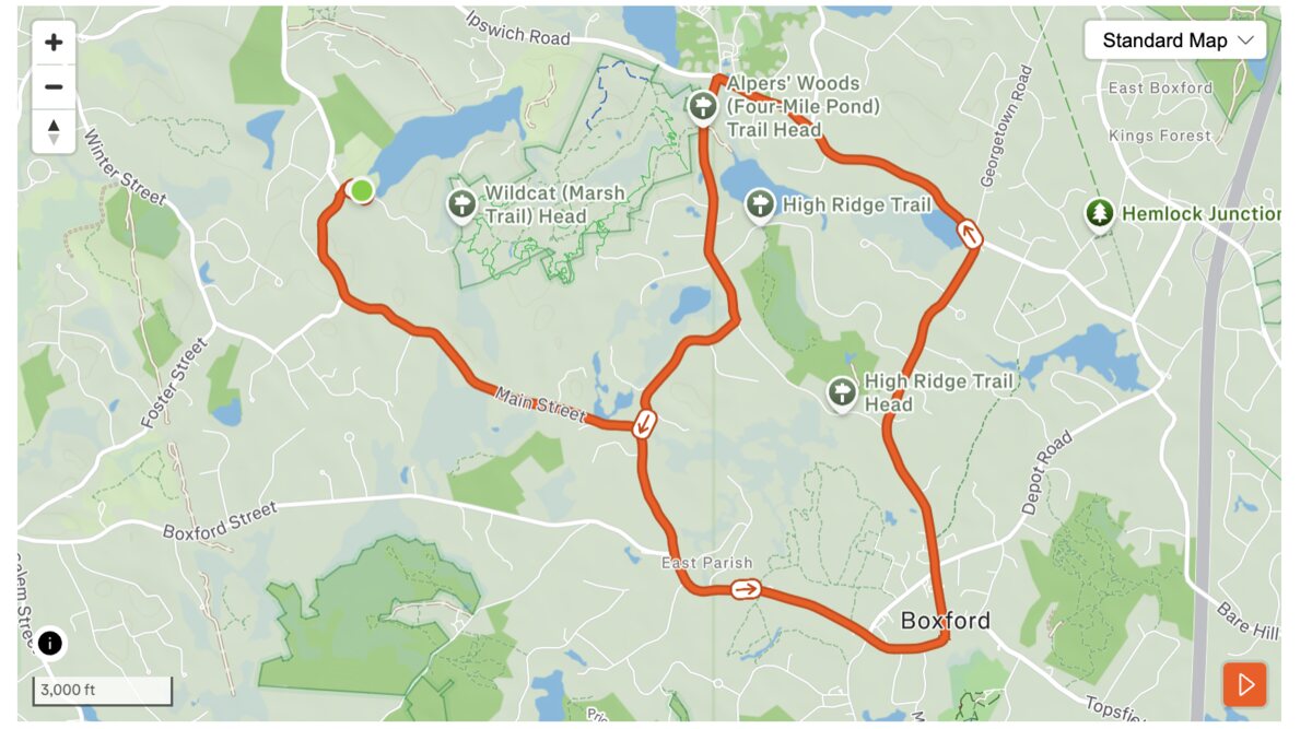 Bike course route map through Boxford, MA