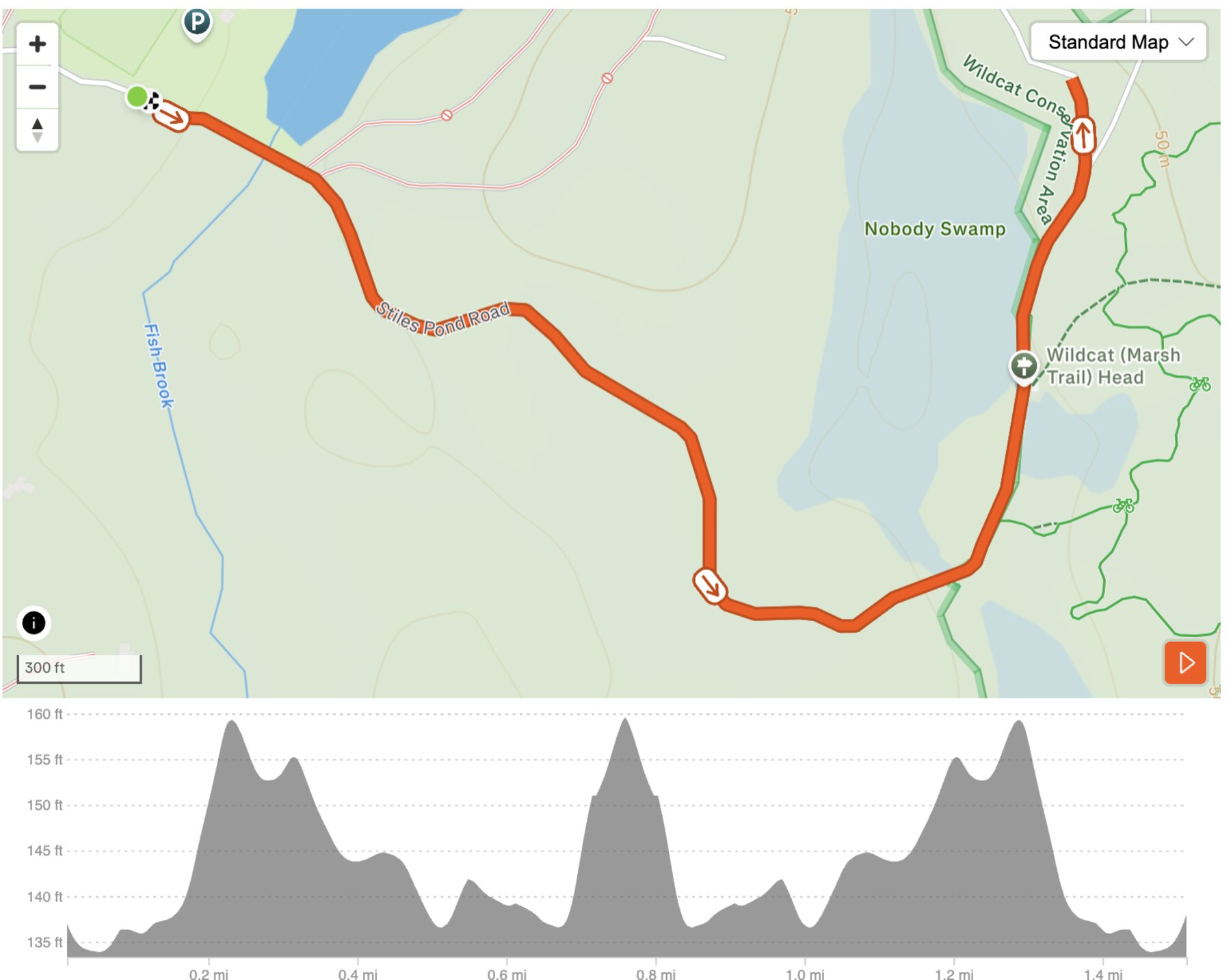 Call to Honor Triathlon run course route and elevation profile, 1.5 mile Boxford trail loop